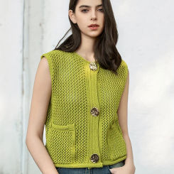 Womens Crochet Chunky Knit Sweater Vest Casual Sleeveless Button Down Vest Tops Cropped Cardigan Sweaters with Pockets Free Size