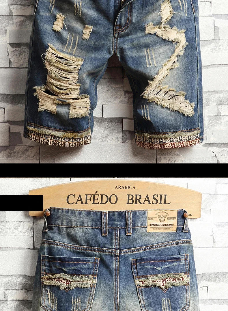 Description Picture 5 of itemSummer Men's Hole Ripped Denim Shorts Casual Straight Fit Retro Biker Short Pants Male Brand Streetwear Clothing
