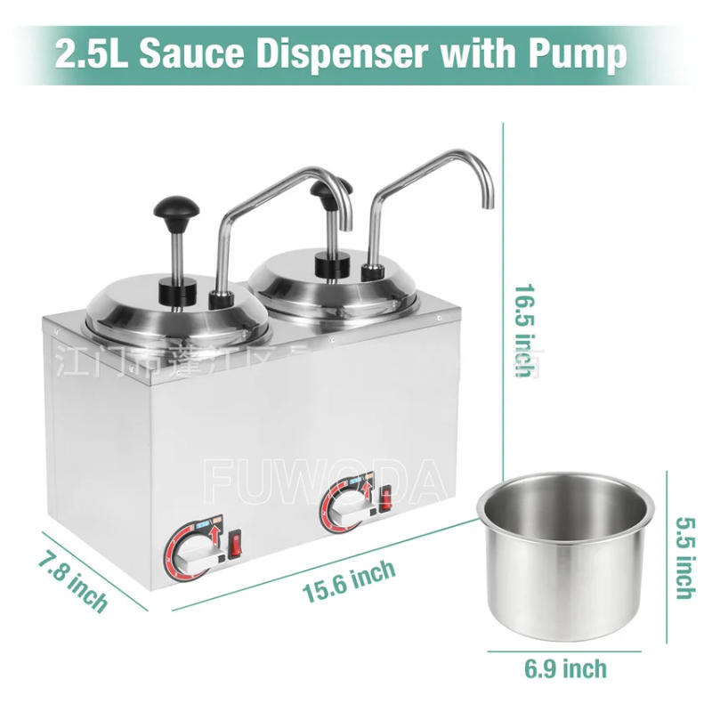 Description Picture 3 of item110V 220V Commercial 2 Pot Hot Fudge Pump Warmer Machine Chocolate Sauce Dispenser Nacho Cheese Warmer Dispenser Machine