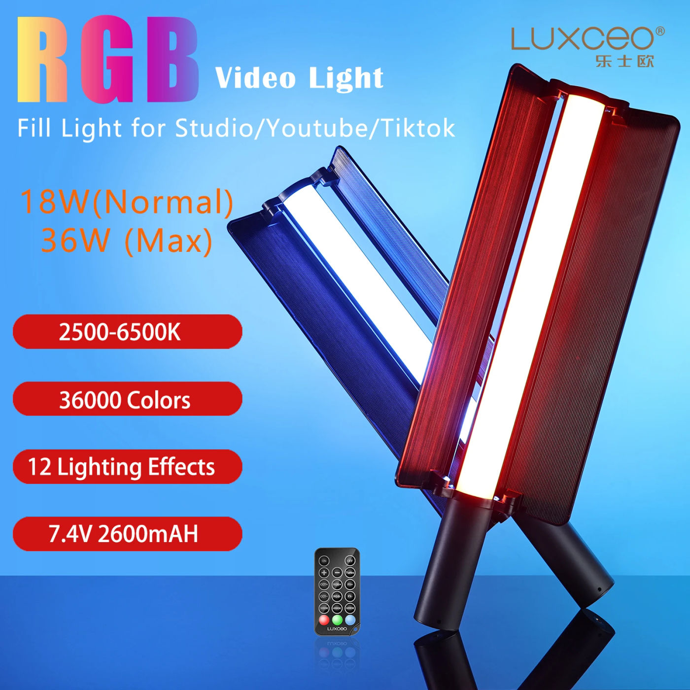 Description Picture 3 of itemLUXCEO Q508A LED Video Light With Remote Control 3000K-6000K 36Colors Studio Photo Lighting RGB Stick For Youtube TikTok Vlog