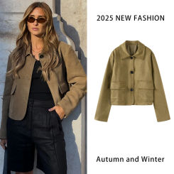Women Suede Jackets Vintage Solid Short Coat POLO Neck Single Breasted Long Sleeved Shirt Loose Casual Pocket Jacket Newfashionn