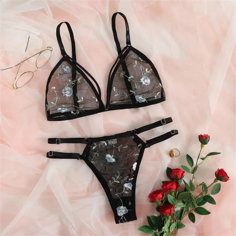 Description Picture 3 of itemUnderwear Sexy Suit Transparent Bra Female 2 Pieces Floral Embroidery Underwear Suit Lace Without Steel Support Bra