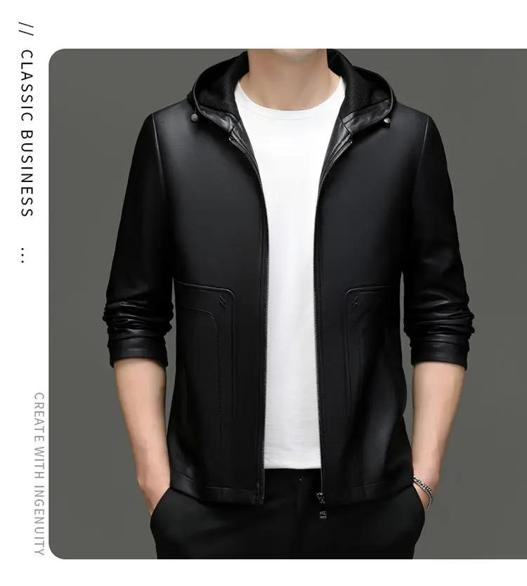 Description Picture 4 of item2023 New Men Winter Faux Sheepskin Leather Clothing Short Leisure Loose Overcoat Hooded Fashion Jacket High-end Outwear