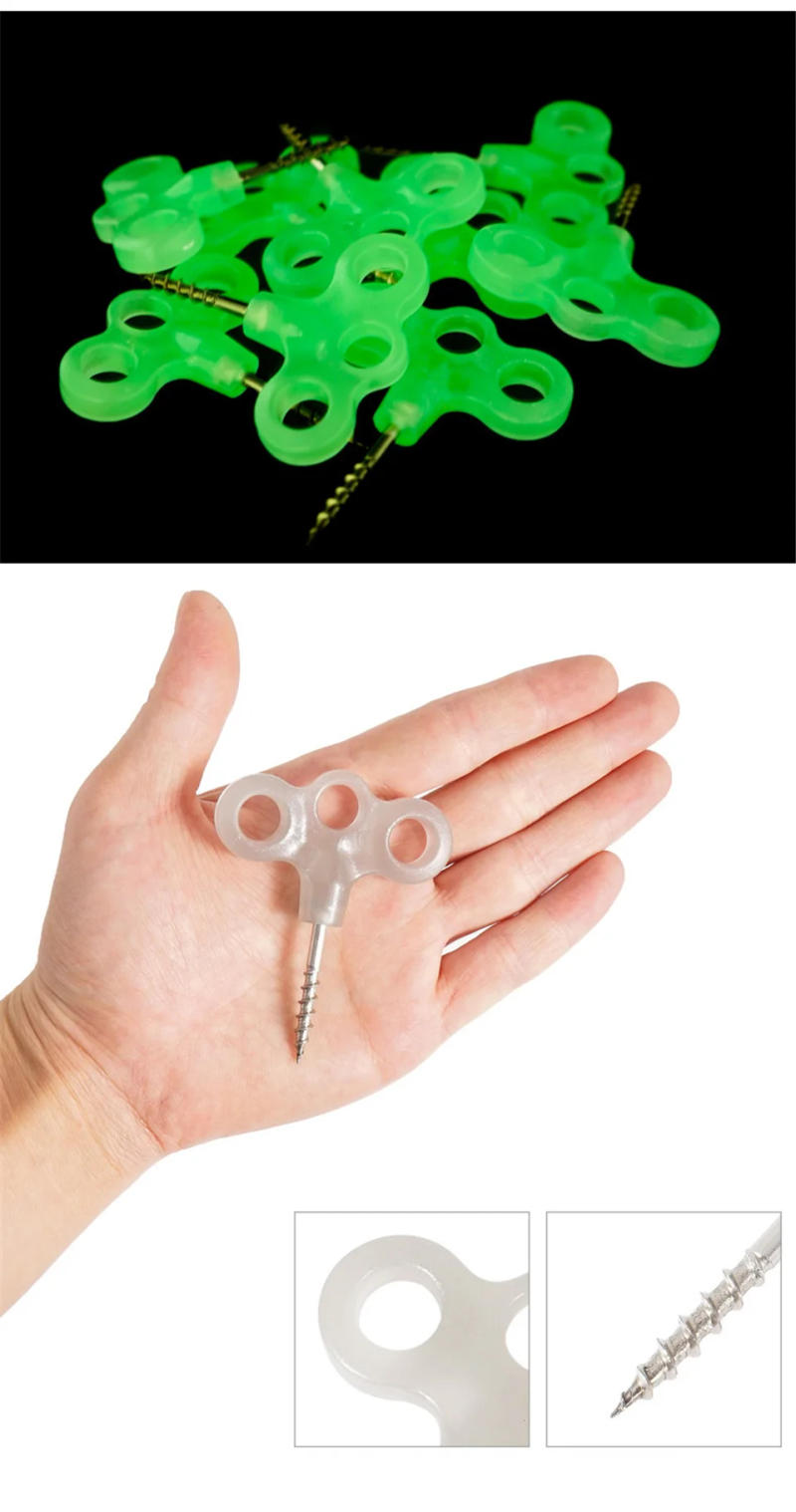 Description Picture 4 of item10/15pcs Camping Glow Deck Nails Outdoor Travel Hiking Tent Accessories 3 Holes Screw Spikes Luminous Metal Canopy Pegs Stakes