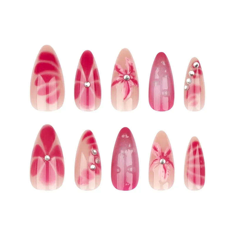 Description Picture 6 of item24Pcs Sweet Cool Almond Nail Set Press on Acrylic Nails 3D Floral Butterfly Fake Nail Full Cover French Tip Artificial Nails Art