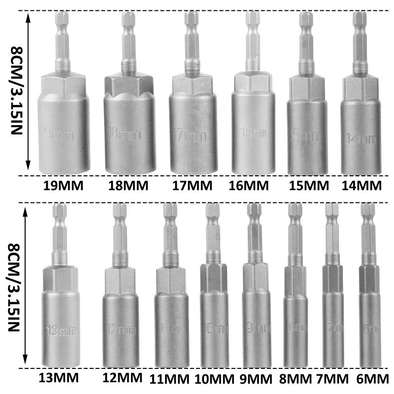 Description Picture 3 of item14Pcs 6-19mm Deep Socket Adapter Set Hex Shank Nut Driver Bits Set Nut Setter Drill Bit Set Magnetic Hexagonal Sockets Set