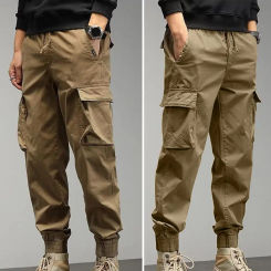 Men Solid Color Pants Men's Cargo Pants with Ankle-banded Design Multiple Pockets Elastic Waist for Sports Comfortable Wear