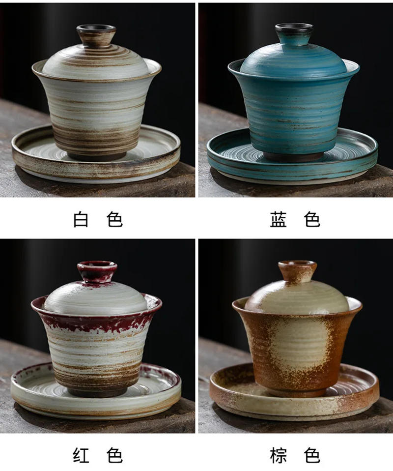 Description Picture 5 of itemCoarse Pottery Three Piece Covered Bowl, Tea Cup, Japanese Ceramic Kung Fu Tea Set, Single Tea Bowl, Anti Scalding Hand