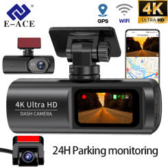 E-ACE Dash Cam 4K Car Video Recorder 170 ° Super Large Angle WIFI GPS 24H Parking Monitoring Car DVR 1080P Rear Camera Black Box