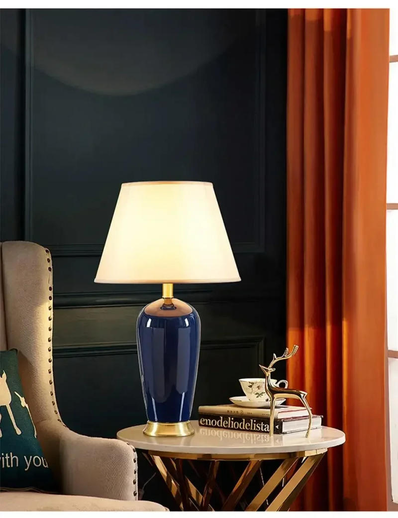 Description Picture 5 of itemCeramic Table Lamp Room Decor American Light Luxury Bedroom Bedside Lamp Living Room Dark Blue Remote Control Desk Lamp