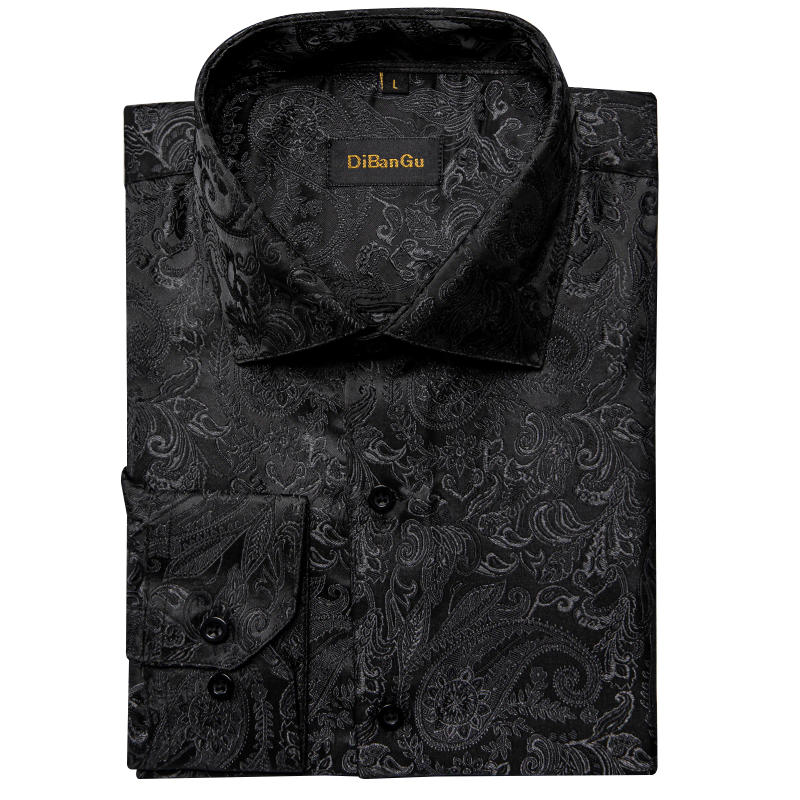 Description Picture 5 of itemDiBanGu Silk Polyester Dress Shirts for Men Black Solid Paisley Red Silver Long Sleeve Turn Down Collar Prom Social Men's Shirt