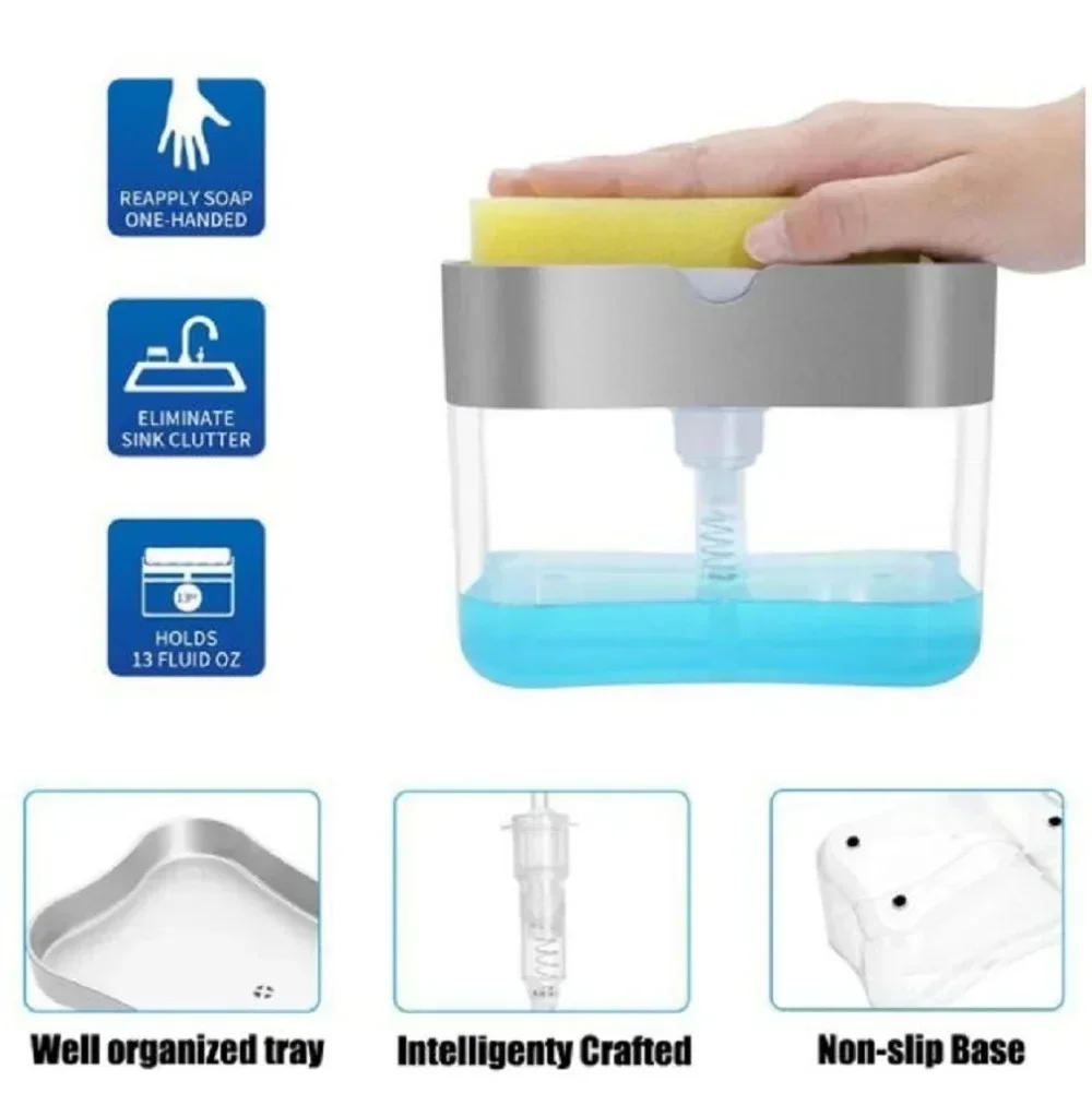 Description Picture 3 of itemAutomatic Soap Dispenser Bottle for Kitchen Dish Soap Box with Sponge Holder Hand Press Liquid Dispensing Kitchen Tools