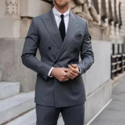 Grey Formal Double-Breasted Men Suit 2 Pieces Smart Business Wedding Groomsman Blazer Set and Suit Pants Slim Fit Custom Tuxedo