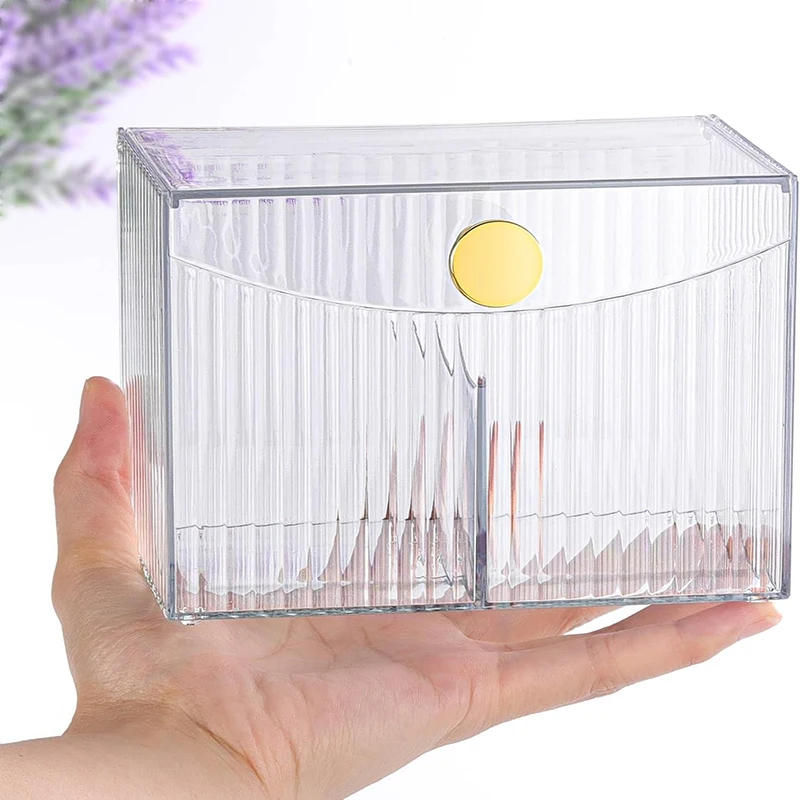Description Picture 6 of item2 Slot Qtip Holder Dispenser Rectangle Cotton Ball and Swab Holder Organizer with Lid Clear Bathroom Organizer Jar for Bathroom