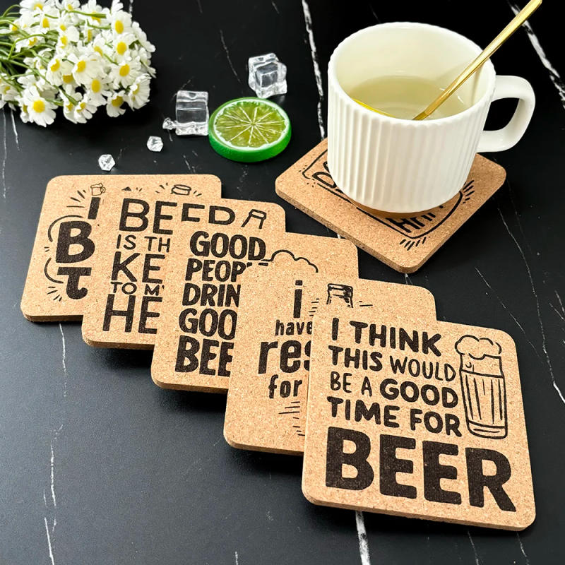 Description Picture 5 of item6pcs/Set Square Cork Coaster Engraved Beer Design Pattern Tea Coffee Mug Drinks Holder for Kitchen Natural Wooden Mat Tableware