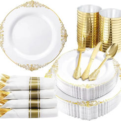 Multi piece set -disposable gold-plated embossed plate with PS hard plastic tableware, knives, forks, spoons for various parties