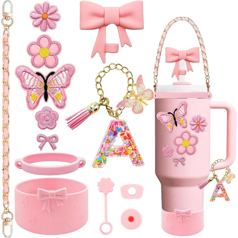 Description Picture 2 of item13PCS Pink Cup Accessories Set for Tumbler Cup 30oz 40oz Tumbler with Handle,Includes Strap,Straw Bow Decorate,Straw Cover