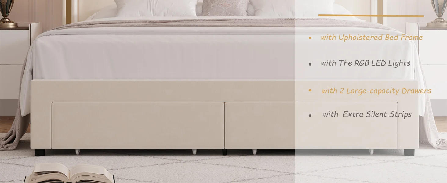 Description Picture 3 of itemLarge Padded LED Bedstead with 2 Storage Drawers, Velvet Platform Bed, Headboard with Wing Back, Solid Wood Flat Noodles Support