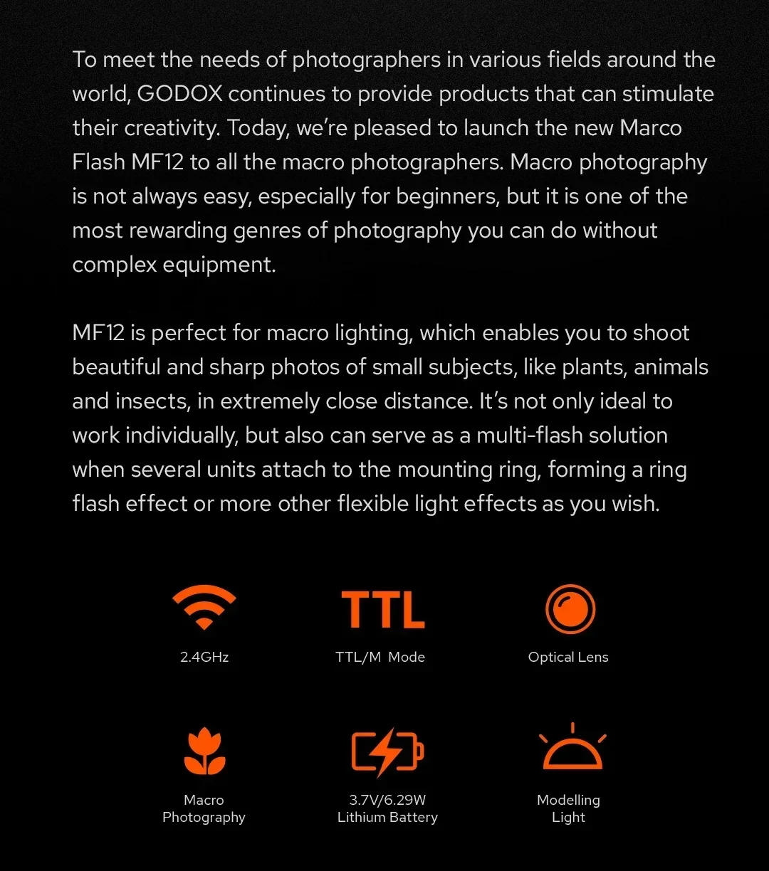 Description Picture 4 of itemGodox MF12 K2 Macro Flash Speedlite 2.4G Wireless Control TTL/M Mode Built-in Lithium Battery for Nikon Sony Canon Fuji Olympus