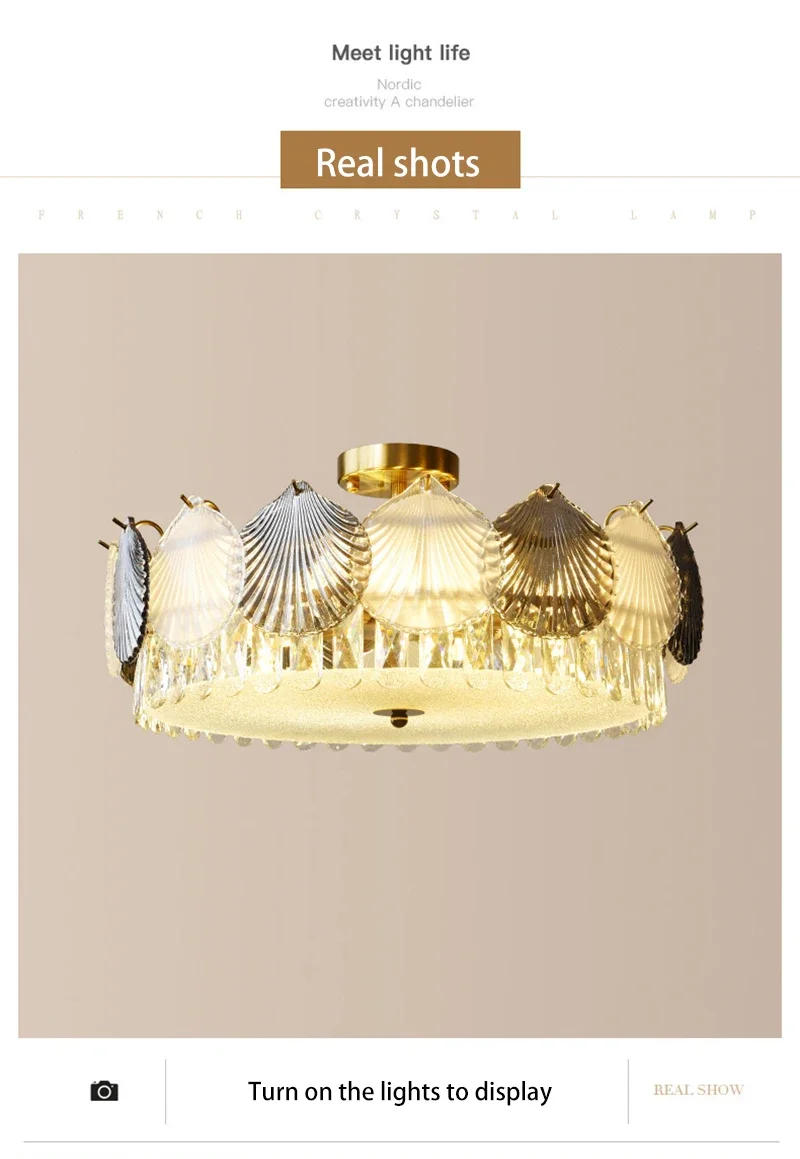 Description Picture 5 of itemShell Crystal French Modern Design Creative LED Ceiling Chandelier for Living Room Bedroom Restaurant Light Fixture Iron