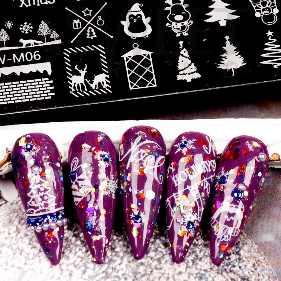 Description Picture 6 of itemMerry Christmas Nail Stamping Plates Cutie Tree Winter Snowflakes Elk Santa Socks Letter Xmas Nail Art Manicure Templates KESW-M