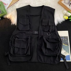 Men Vest Jacket Streetwear Cargo Vest with Multi Pockets Buckle Closure for Men Women Hop Style Sleeveless Waistcoat Men Vest