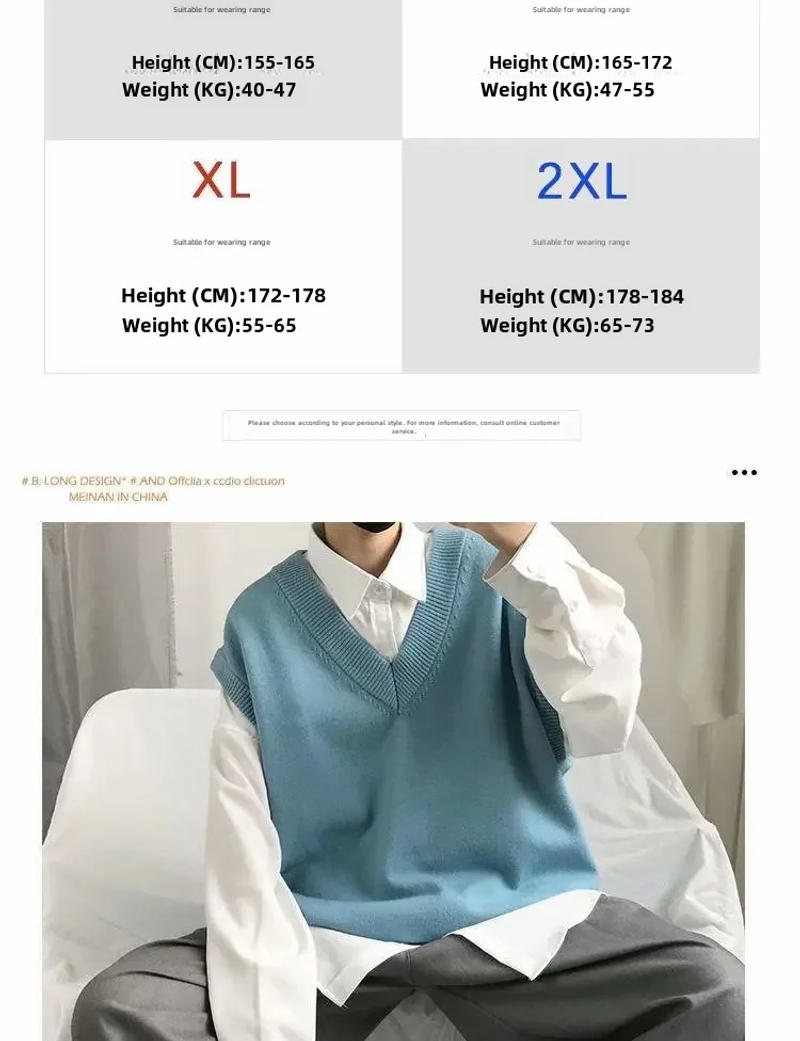 Description Picture 2 of itemAutumn Men's Simple Knitted Vest Top Preppy Style Loose Fit Sweater Vest Thin Material Casual Scene V-neck Collar