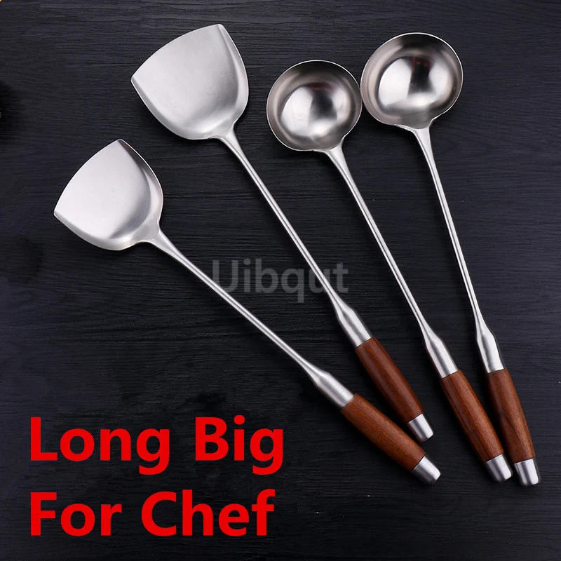 Description Picture 2 of itemLong Handle Soup Ladle Spoon Turner Stainless Steel Rosewood Spatula Sauces Spoon Kitchen Cooking Utensils Tool wood wok spatula