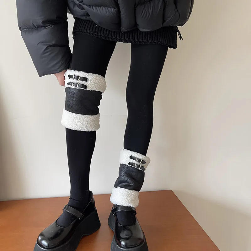 Description Picture 5 of itemPunk Thickened Lamb's Wool Suede Leg Warmers Ball PU Winter Warm Plush Knee Warmer Socks Cold Protective Y2k Boots Cover Socks