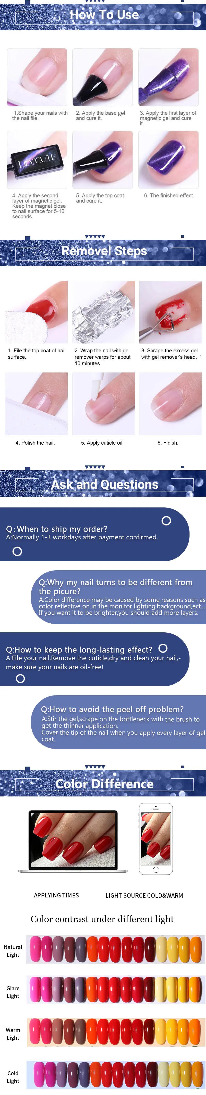 Description Picture 4 of itemLILYCUTE 7ml 9D Rainbow Reflective Cat Magnetic Nail Gel Polish Winter Autumn Snowlight Sparkling Soak Off Nail Art Gel Varnish