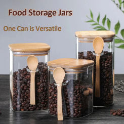 800ML/1000ML/1200ML Large Capacity Sealed Glass Jar with Wooden Spoon Square Household Storage Jar Seasoning Coffee Bean Storage