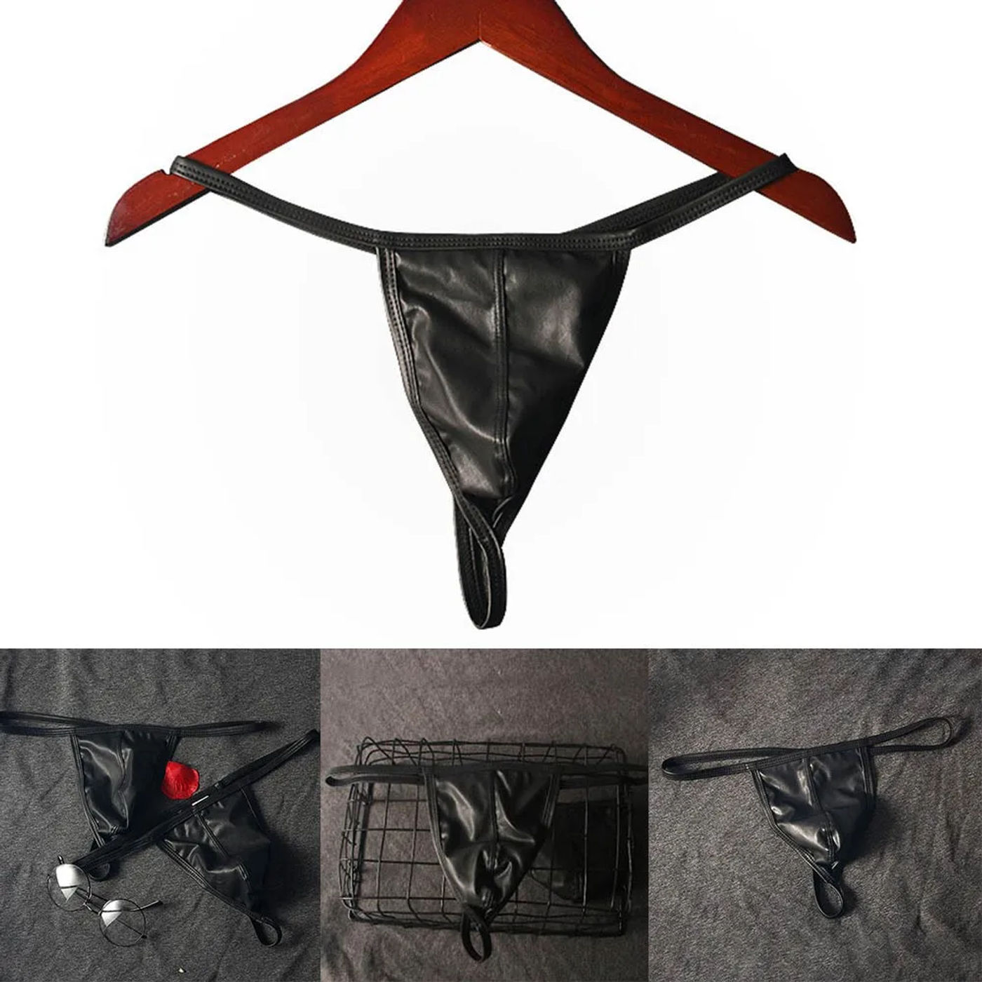 Description Picture 2 of itemSexy Men's Thongs Black Imitation Leather Men Bulge Pouch Briefs Low Waist Underwear Pump Man Bikini G-string Brazilian Thong