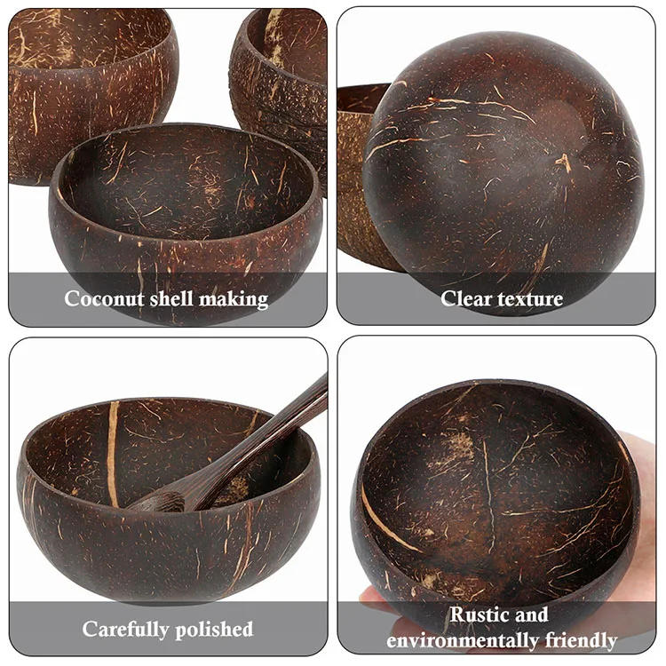 Description Picture 2 of itemNatural Coconut Bowls for Serving Dishes Wooden Salad Wood Reusable Bowl Serving Utensils Natural Coconut Shell Bowls