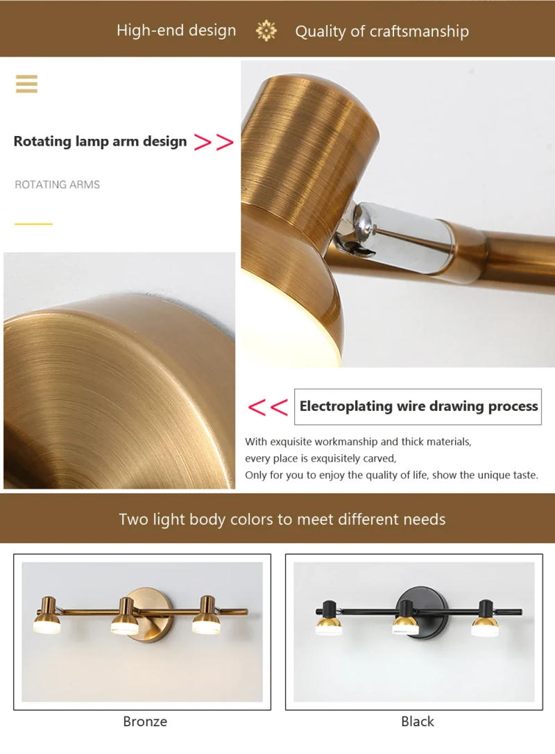 Description Picture 3 of itemNordic Wall Light Multi-head Mirror Light For Bathroom Bedroom Waterproof Rotating Wall Sconce Dressing Light Indoor Lighting