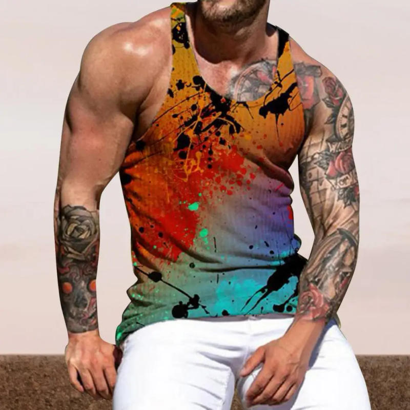 Description Picture 5 of itemAthletic Leisurewear Colorful Tie-dye Leopard Print Men's Summer Vest Slim Fit O Neck Tank Top for Gym Fitness Soft Stretchy