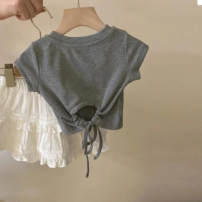 Description Picture 4 of itemSimple Lace Up Teens Bow T-shirts Korean Style Summer Slim Crop Top Short Sleeve Sweet Girl's Top Party