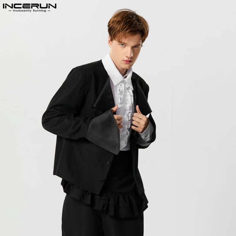 Description Picture 3 of itemINCERUN Tops 2024 American Style New Mens Satin Patchwork Lapel Deep V Design Blazer Casual Simple Well Fitting Suit Coats S-5XL