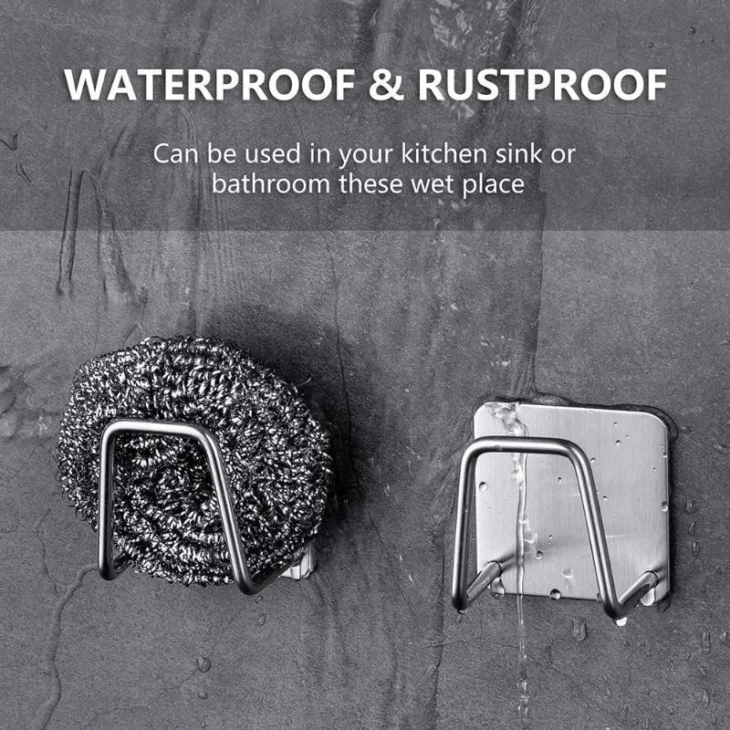 Description Picture 6 of itemStainless Steel Sink Sponge Holder Self-Adhesive Soap Drain Drying Rack Wire Ball Rag Storage Wall Hook Kitchen Organizer Holder