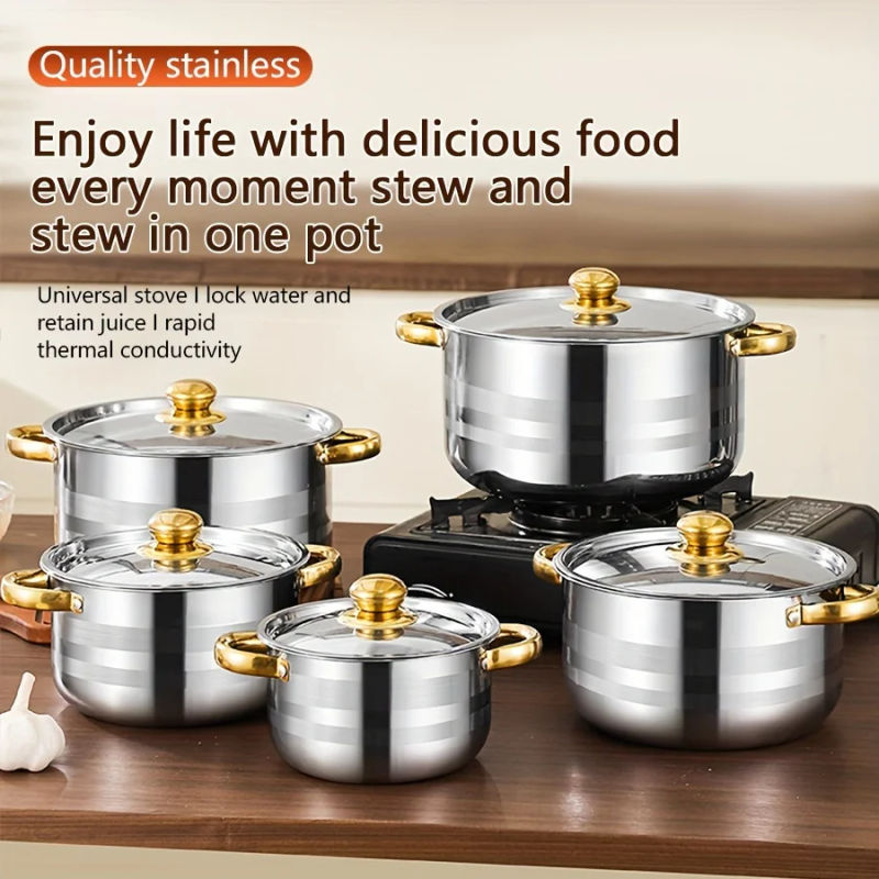 Description Picture 4 of itemStainless steel cooking pot, 5 pots+5 lids, stainless steel double handle with lid, deep soup pot, suitable for home and restaur