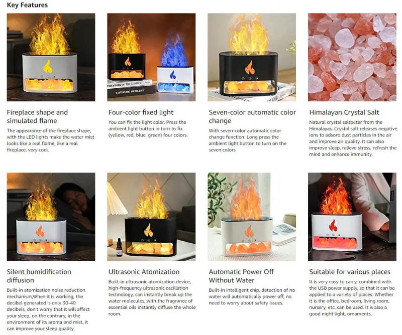 Description Picture 3 of itemFlame Air Humidifier Crystal Salt Aromatherapy Diffuser, Ultrasonic Essential Oil Diffuser, Cool Mist Humidifier for Bedroom