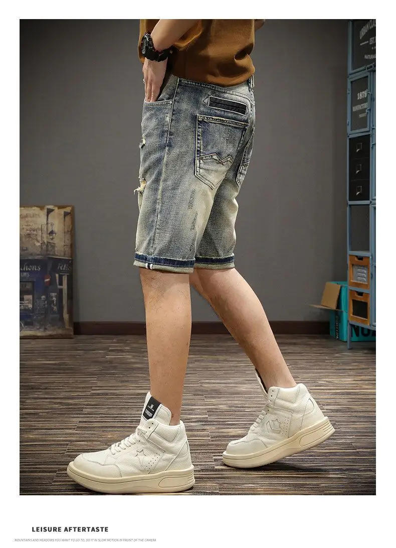 Description Picture 6 of itemSummer Designer Casual Denim Knee Length Shorts for Men Slim High-end Beggar Ripped Jeans Shorts with Holes Embroidered Jeans