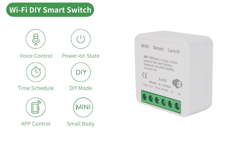 Description Picture 3 of itemWifi Mini Smart Switch 16A DIY Light Switches 2 Way Wireless Smart Home with Tuya Smart Life EweLink Alexa Alice Google Home