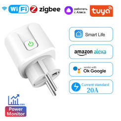20A WiFi Zigbee Tuya Smart Plug EU FR Smart Home Electrical Sockets Energy Metering Smart Life, Alexa Google Home Yandex Alice