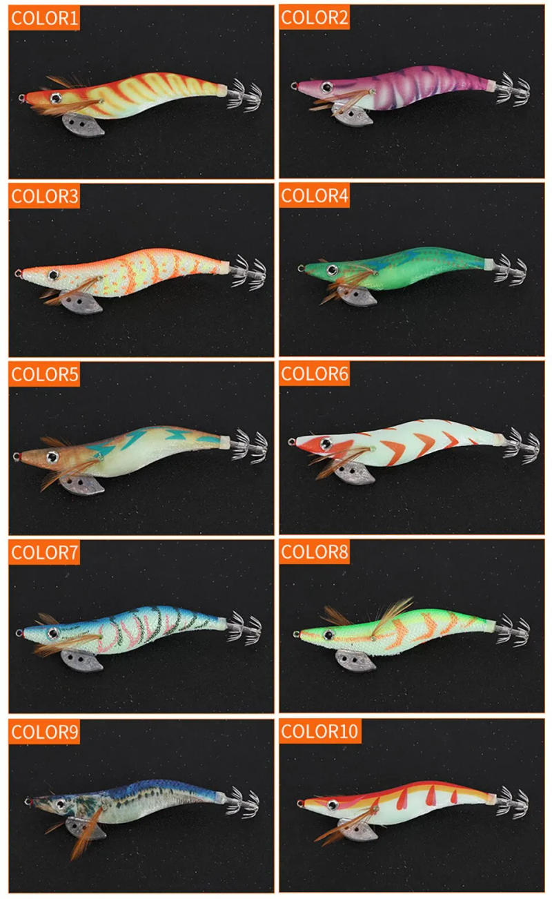 Description Picture 6 of itemFishing Wood Shrimp Luminous Squid Octopus Lure 10PCS 3.0 3D Eyes Fishing Lure Hard Bait Wobbler Squid Jig Lure with Bag