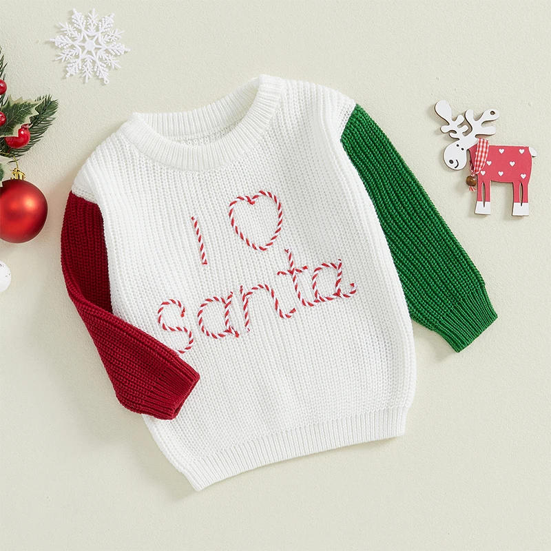 Description Picture 4 of itemBaby Christmas Sweater Contrast Color Long Sleeve Crew Neck Letters Warm Knit Pullover Winter Tops