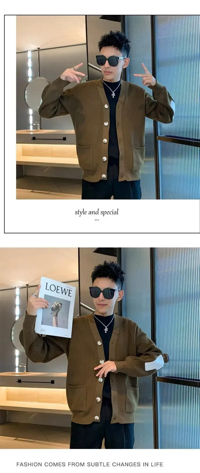 Description Picture 5 of itemMen's Knitted Cardigan Jacket Autumn Winter Japanese Style V-neck Sweater Loose Fit Casual Long Sleeve Top New Arrival