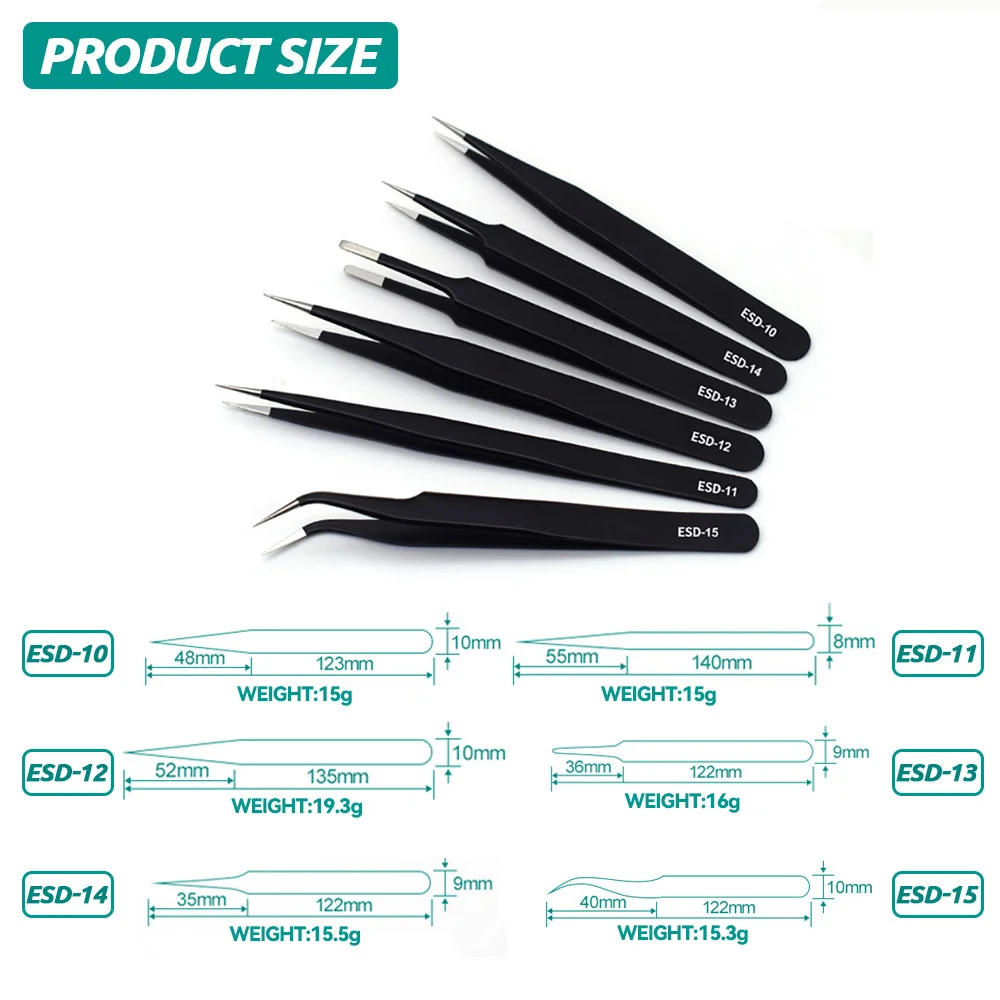 Description Picture 4 of itemESD Anti-Static Stainless Steel Tweezers Precision Maintenance Industrial Repair Curved Tool Home Working Model Making Hand Tool