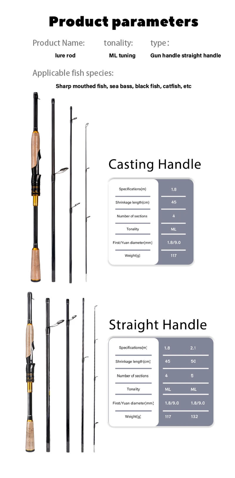Description Picture 3 of itemDEUKIO Travel Sectional Fishing Rod Spinning Casting 1.8m/2.1m 4/5 Sections Cork Grip ML Action For Carp Bass Fishing