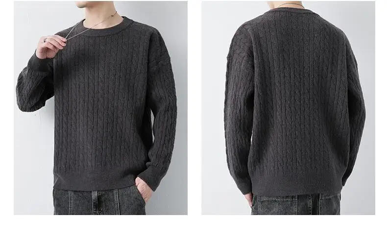 Description Picture 2 of itemAutumn Winter Men Vintage O Neck Solid Color Mens Knitted Pullovers Loose Harajuku Mens Retro Knitwear Pullover Sweaters C98