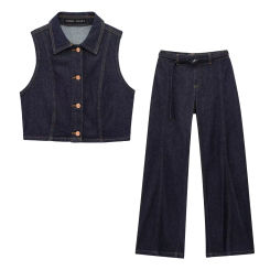 TRAFSHE New in Denim Trousers Sets Women Denim Cropped Vest Coat Women's Suits Casual Elegant Women's Sets Outfits 8228024